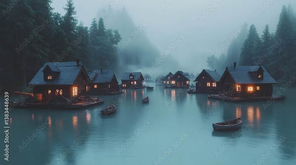 Obraz premium Harmony with Nature: Floating Village in Ethereal Morning Mist - Cinematic 4K