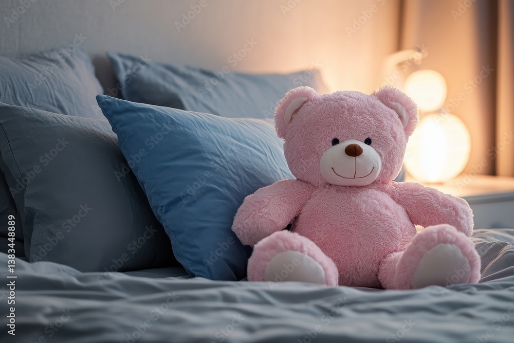 Pink Teddy Bear on Soft Blue Bedding Cozy Bedroom Night Toy Cute Home Warm Love Care Plush Sweet Pink Teddy Bear on Soft Blue Bedding Cozy Bedroom Night Toy Cute Home Warm Love Care Plush Sweet