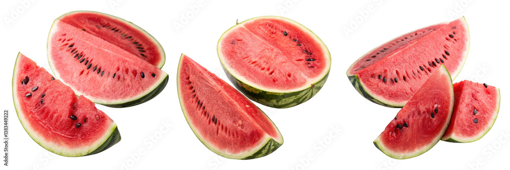 Set of A photo of a two sliced fresh red watermelon isolated on a transparent background Set of A photo of a two sliced fresh red watermelon isolated on a transparent background