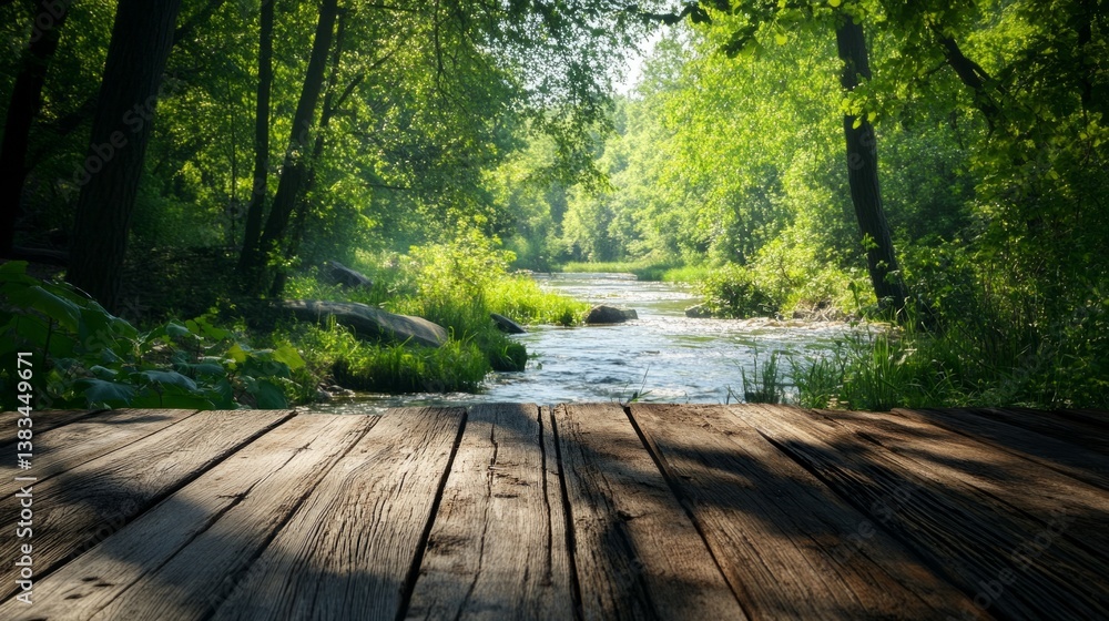 Outdoor wooden table with a scenic river flowing through a dense green forest, soft shadows from the trees generative ai Outdoor wooden table with a scenic river flowing through a dense green forest, soft shadows from the trees generative ai