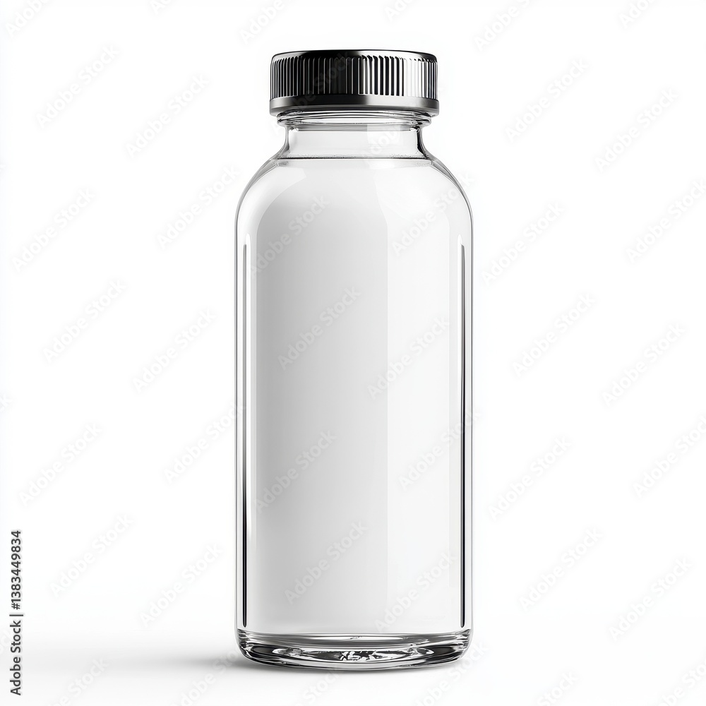 Clear Glass Bottle with Silver Cap on White Background Clear Glass Bottle with Silver Cap on White Background
