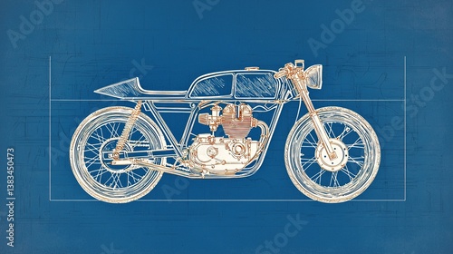 Monochrome vintage motorcycle blueprint industrial design technical illustration side view