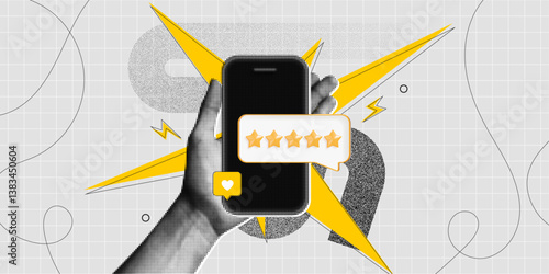 Trendy Halftone Collage Woman Hand holds Phone giving gold five star rating feedback. Best score point to review service. Five star for quality customer rating. Contemporary vector art illustration
