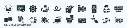 Industrial communication network thin icon set containing communication network, human machine interface, switches, ethernet, fiber optic
