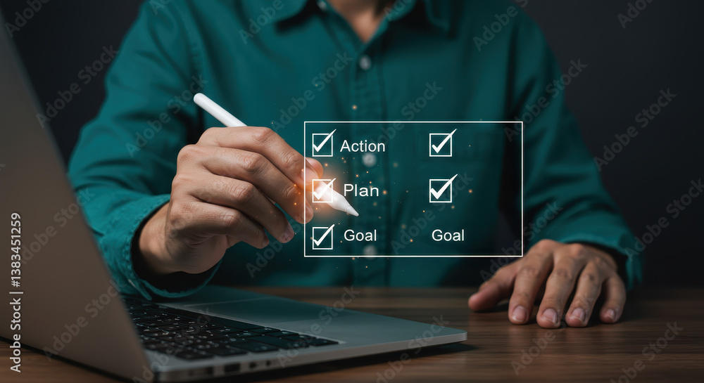 Digital Checklist: Action, Plan, Goal Success! Business Strategy, Online Productivity, Task Management with Laptop and Stylus. Digital Checklist: Action, Plan, Goal Success! Business Strategy, Online Productivity, Task Management with Laptop and Stylus.