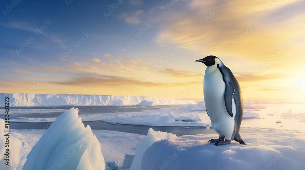 Obraz premium A emperor penguin standing on a vast icy landscape, the golden glow of the setting sun reflecting off the frozen surface