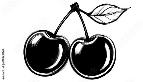 Wallpaper Mural  Sketch Cherry Illustration Black white, minimalist, thin lines, two cherries connected, transparent background PNG cutout. Torontodigital.ca
