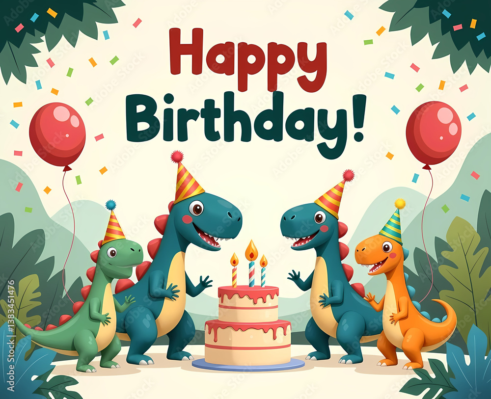 Fototapeta premium happy birthday card with dinosaurs 