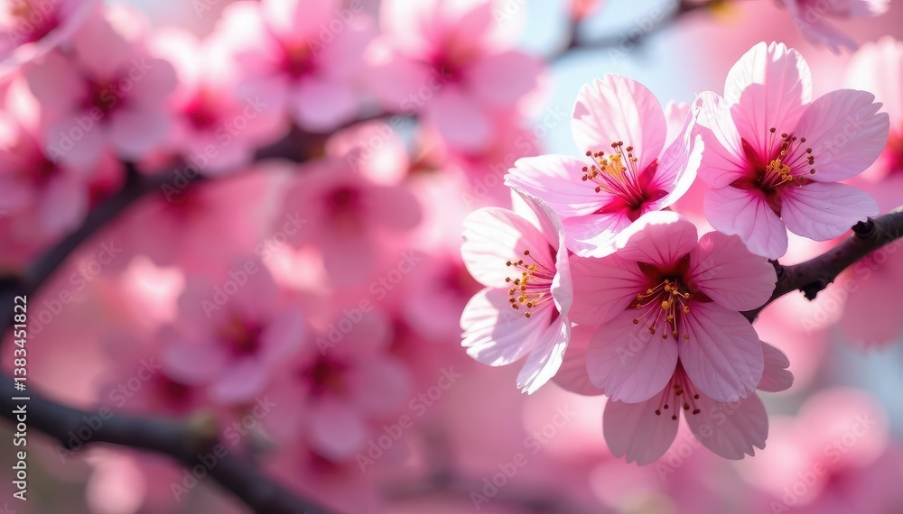 Naklejka premium Vibrant sakura explosion, full bloom, overlapping petals, cherry blossom, texture
