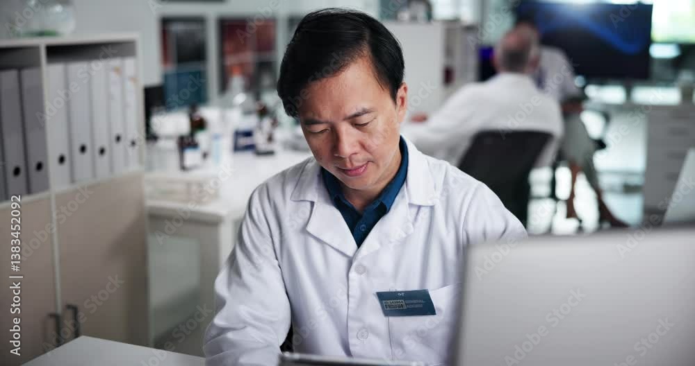 Science, laboratory and man with sample for medical research, vaccine study and medicine development. Healthcare, pharmaceutical and scientist with tablet for discovery, experiment and analysis Science, laboratory and man with sample for medical research, vaccine study and medicine development. Healthcare, pharmaceutical and scientist with tablet for discovery, experiment and analysis