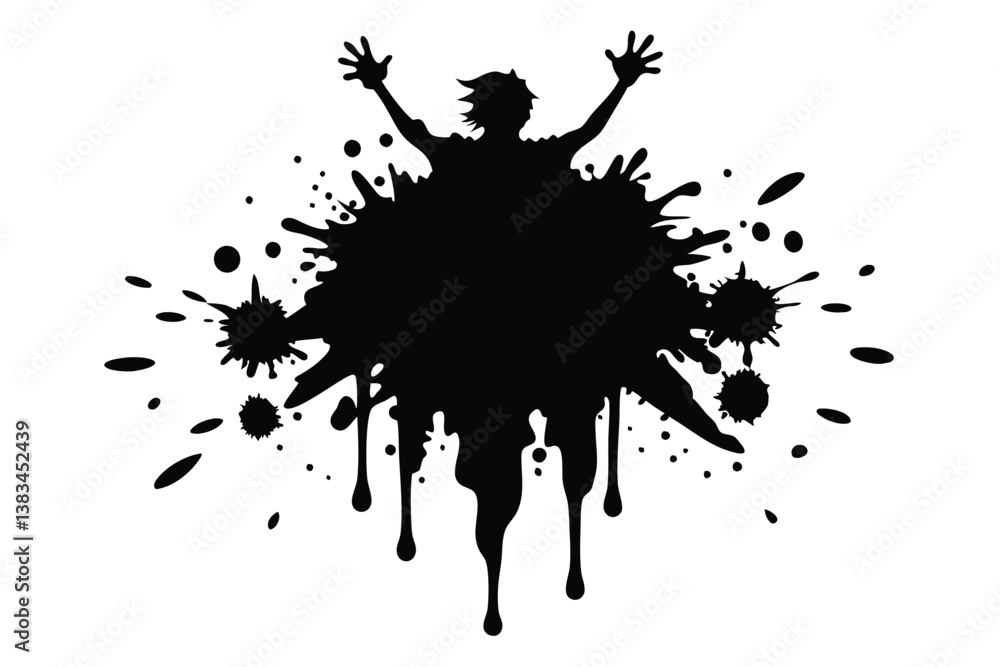 Silhouette of Ecstatic Man with Arms Raised, Surrounded by Splatters on White Silhouette of Ecstatic Man with Arms Raised, Surrounded by Splatters on White