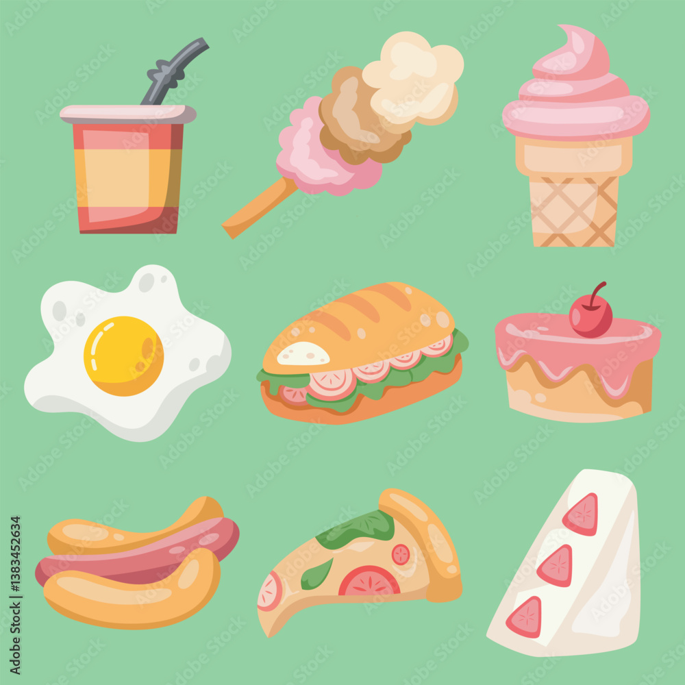 Fototapeta premium cute eating vector set. kawaii and delicious food icons 