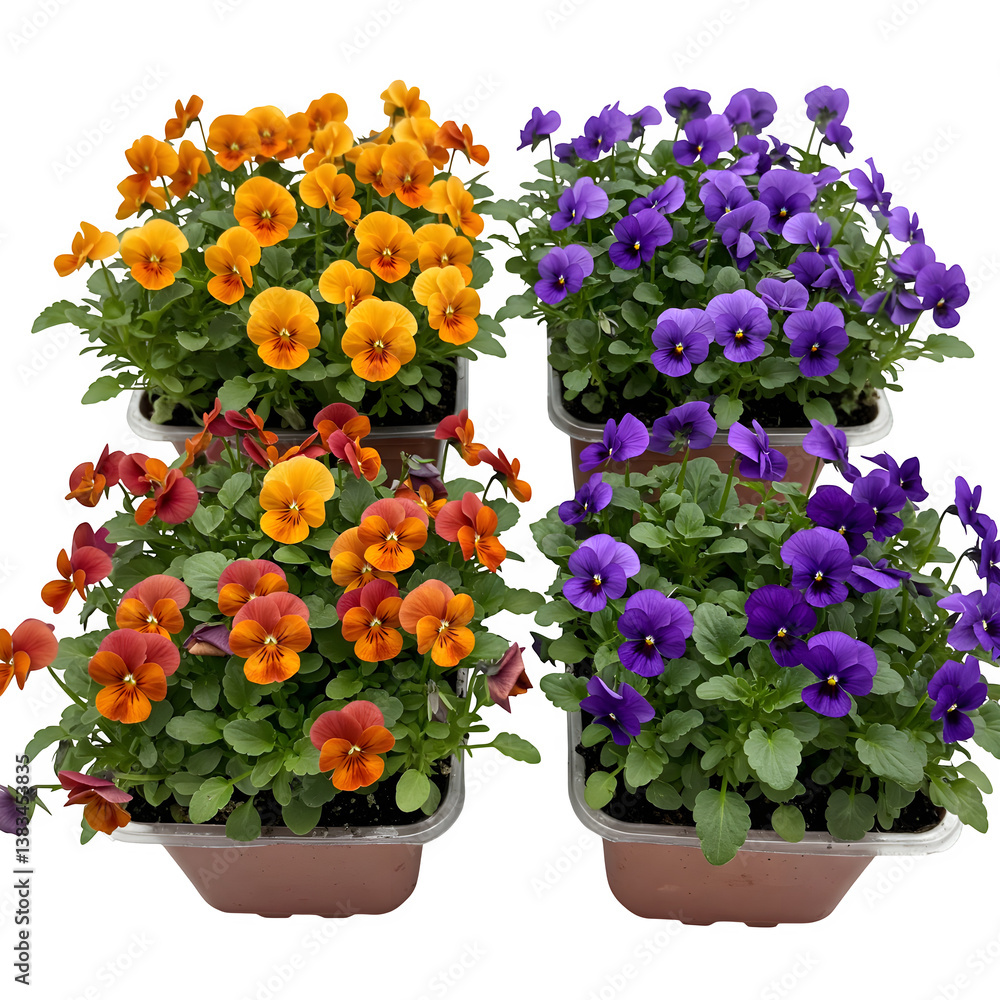 Obraz premium Two pots filled with purple and orange pansy viola seedlings set against a clean white background.