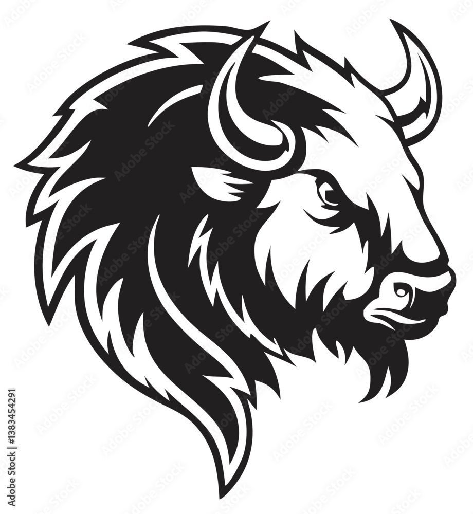 Fototapeta premium Buffalo Head Vector – Bold Black and White Bison Silhouette design Illustration for Logos, Mascots & Tattoos.