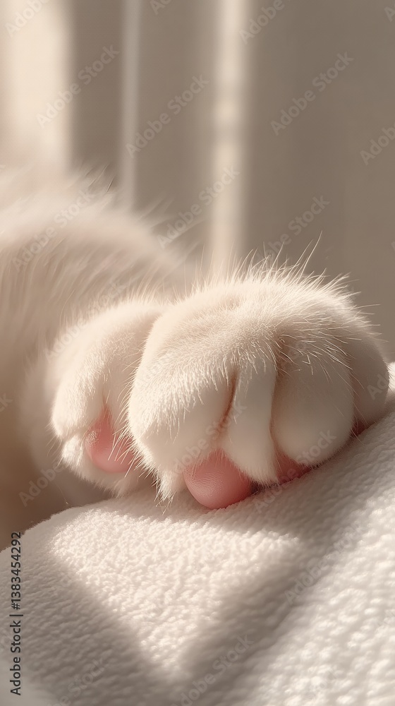 A detailed close up of a fluffy white cat paw with soft pink pads, showcasing its delicate texture and charm A detailed close up of a fluffy white cat paw with soft pink pads, showcasing its delicate texture and charm