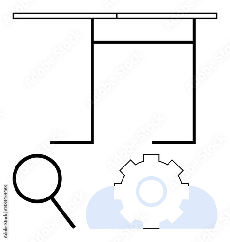 Magnifying glass and gear under a desk-thumbs up frame represent analysis, problem-solving, and efficient task execution. Ideal for workflow, innovation, analytics, productivity, optimization