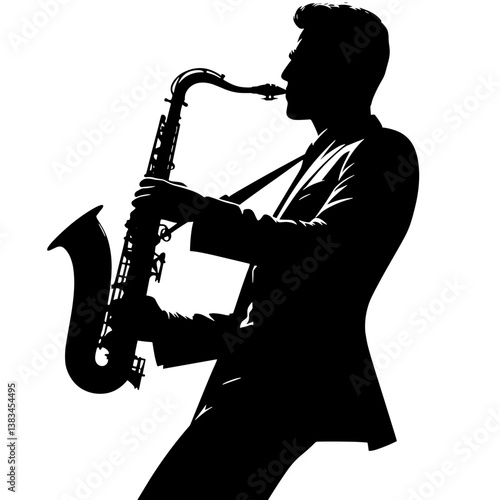 Black silhouette of a dynamic saxophone performance, saxophonist plays the saxophone, vector, transparent background 