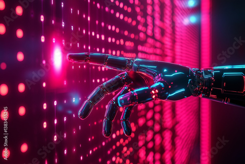 Robotic hand interacting with glowing digital interface in futuristic setting at night Generative AI