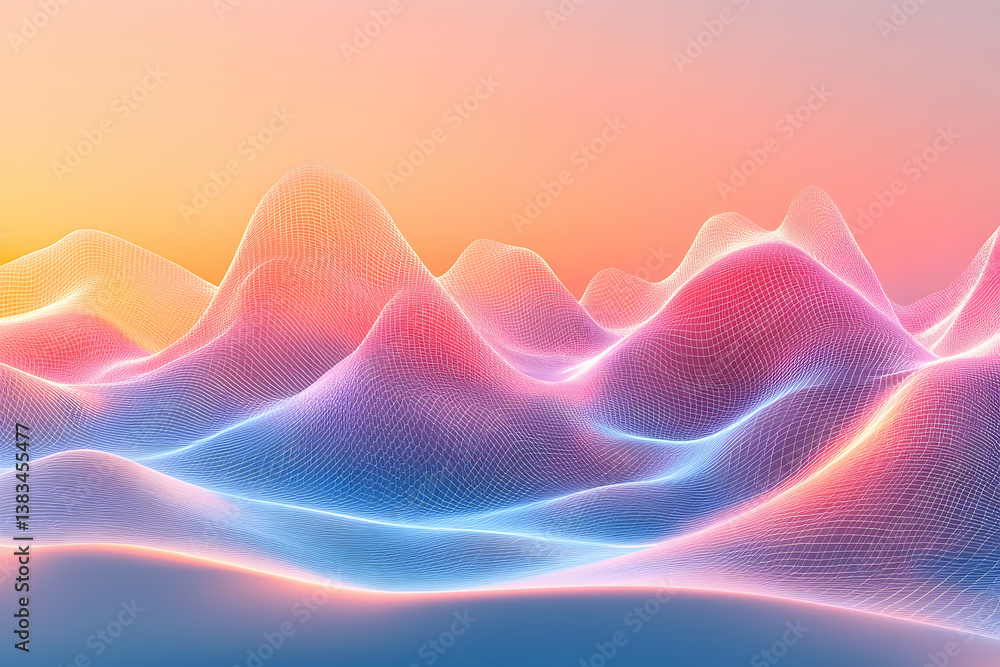 Obraz premium Abstract digital landscape of glowing colorful mesh topography