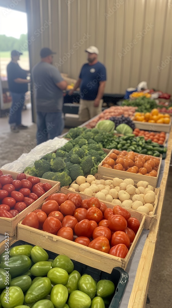 A vibrant display of colorful vegetables at a farmers market with people engaging in conversation A vibrant display of colorful vegetables at a farmers market with people engaging in conversation