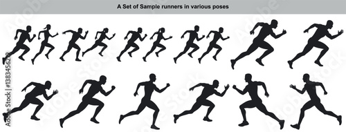 Silhouettes of runners in various sprinting poses. Set includes male and female figures, showcasing movement and athleticism, perfect for sports themes.