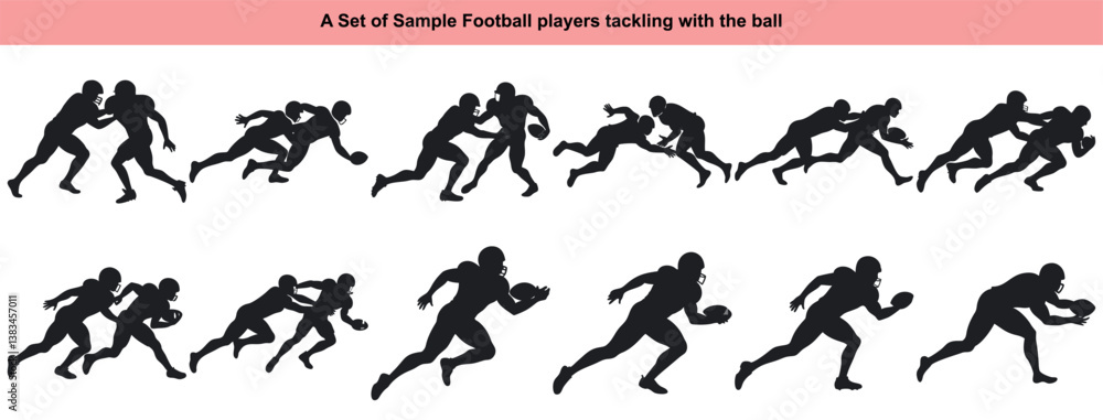 Naklejka premium Features dynamic football players silhouettes. It captures moments of intense action, including running, tackling, and ball carrying on a white backdrop.