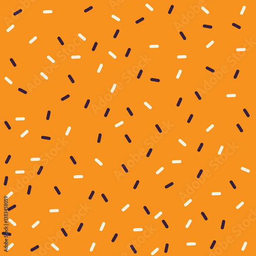 Black and white sugar sprinkles glaze on orange background. Sugar sprinkles on baked goods, cake, doughnuts seamless pattern. Topping sugar sweet texture for party, card, scrapbook, stationary.