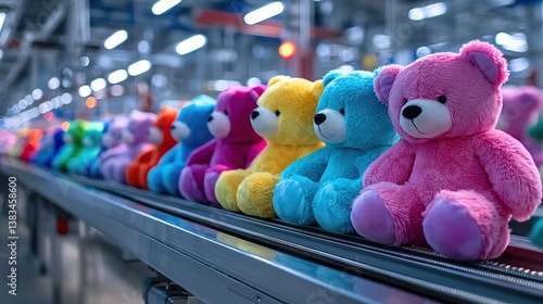 Modern plush toy production line inside a smart factory, modern plush toy production line with automated sewing and stuffing, modern plush toy production line featuring colorful soft toy manufacturing