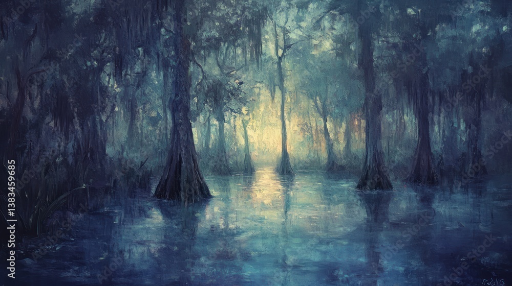 Fototapeta premium Mystical swamp scene at dawn, trees reflected in still water