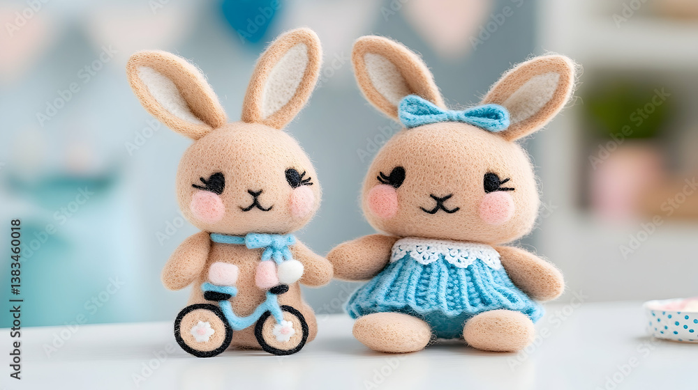 Obraz premium Two cute handcrafted toy rabbits sharing a sweet moment together