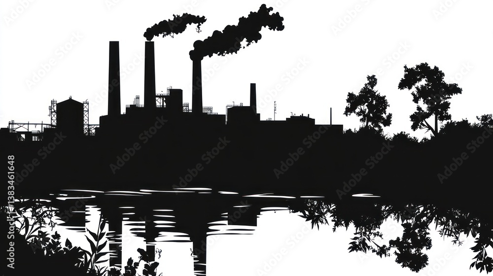 Obraz premium Industrial landscape silhouette, factory by river, trees, smoke