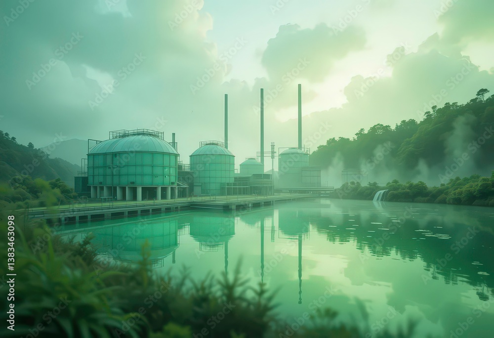 Naklejka premium Serene and Dreamlike Depiction of a Biogas Plant Using Pastel Hues