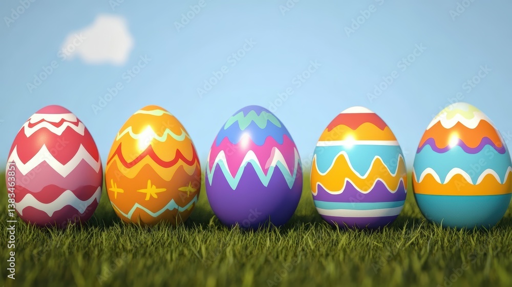 Colorful Easter Eggs with Patterns on Green Grass Under Blue Sky. Festive Spring Decor Colorful Easter Eggs with Patterns on Green Grass Under Blue Sky. Festive Spring Decor