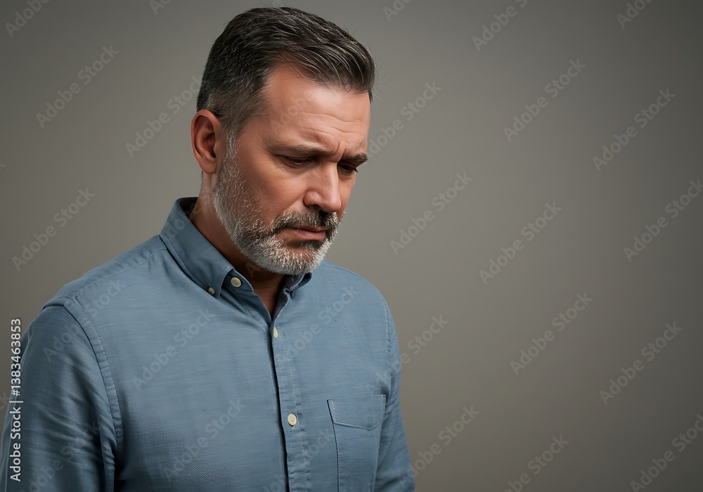 Obraz premium A pensive middle-aged man, lost in thought, wearing a soft blue shirt against a muted gray background.