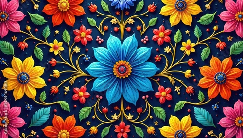 Intricate floral pattern, vibrant hues, continuous design, texture, pattern