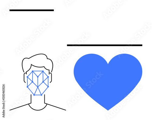 Face with recognition pattern next to blue heart symbolizing technology, AI, and emotional intelligence. Ideal for analytics, AI, innovation, human-computer interaction, privacy, emotion connection