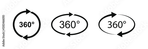 360 degrees vector icon set. Round signs with arrows rotation to 360 degrees. Vector illustration.