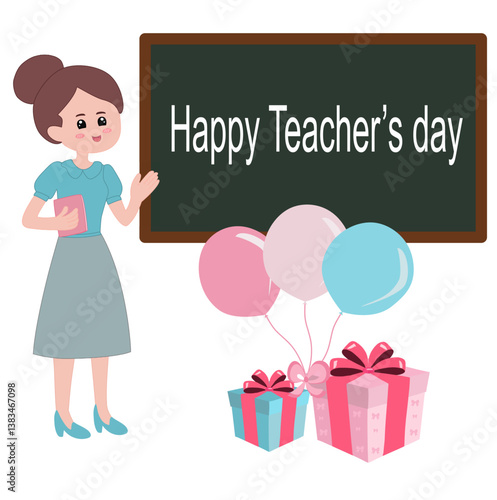 Happy Teacher’s Day illustration featuring a smiling teacher, chalkboard, balloons, and gift boxes. A cheerful and festive design celebrating educators.