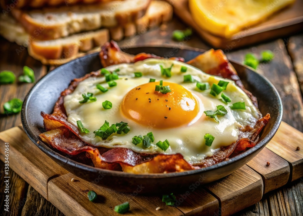 Crispy bacon, runny egg yolk, melted cheese—a breakfast masterpiece beautifully photographed. Crispy bacon, runny egg yolk, melted cheese—a breakfast masterpiece beautifully photographed.