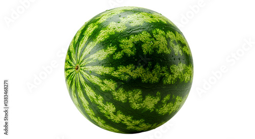 A close up shot of a whole watermelon with green stripes and water droplets on a black background