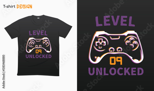 "Level 09 Unlocked" Retro vintage controller design. Funny birthday gaming style T-shirt template design. Eps 10 vector	