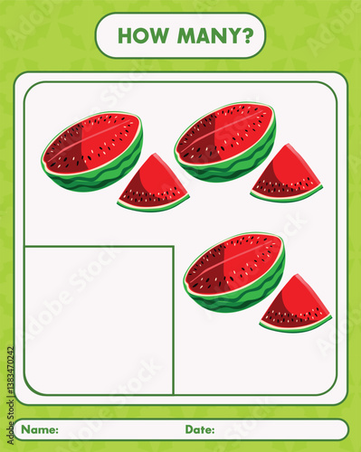 How many watermelons counting worksheet for kids preschool learning math activity printable educational game