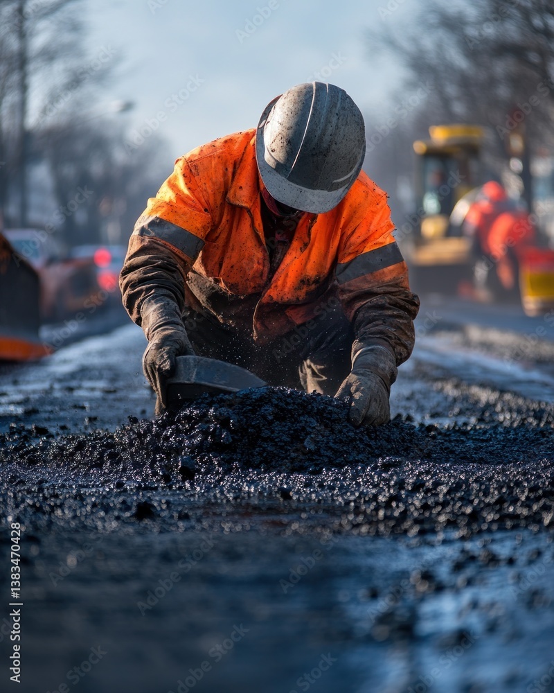 Road worker inspecting asphalt mix on city street Road worker inspecting asphalt mix on city street