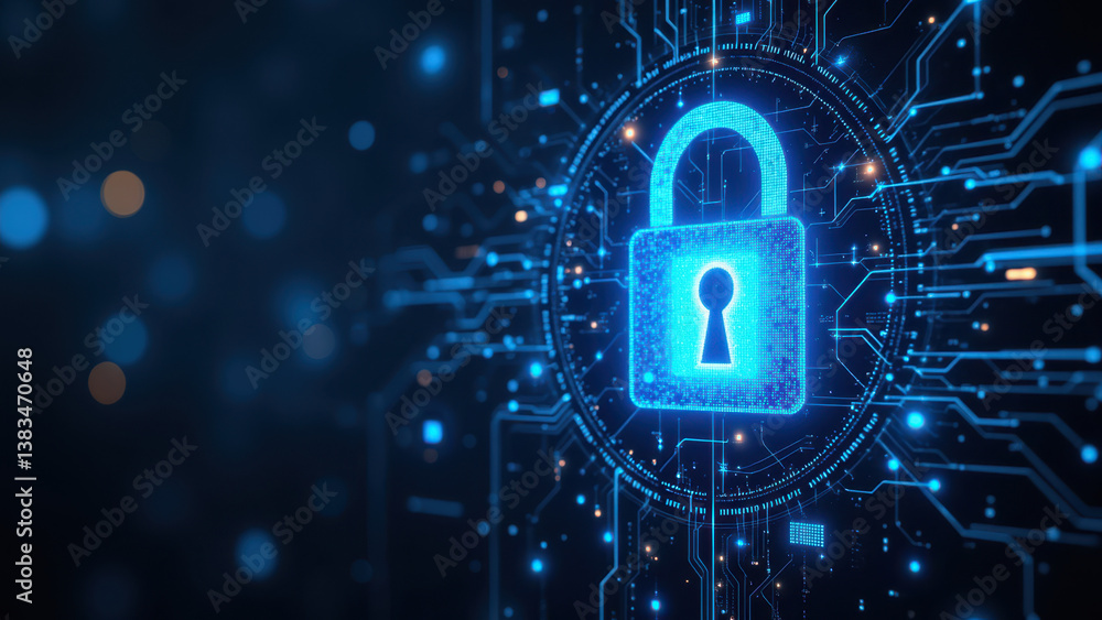 Cybersecurity illustration with a digital lock representing data protection. Cybersecurity illustration with a digital lock representing data protection.