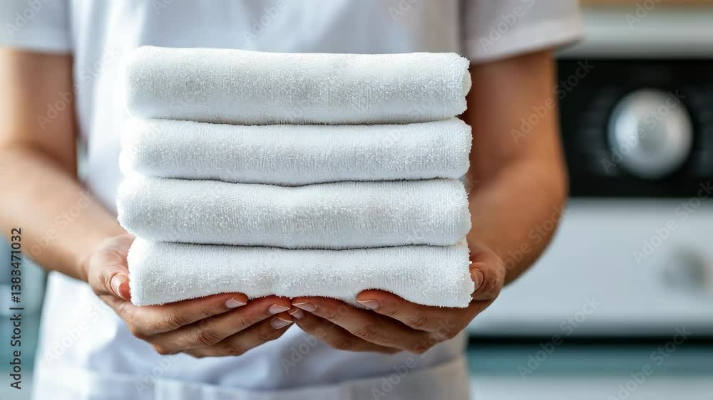 A person stands in a bright kitchen filled with natural light, carefully holding a stack of neatly arranged white towels A person stands in a bright kitchen filled with natural light, carefully holding a stack of neatly arranged white towels
