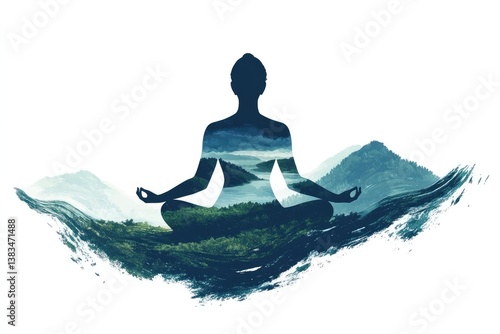 Watercolor silhouette of woman meditating in lotus position with natural landscape double exposure effect, symbolizing mindfulness, peace, spiritual harmony, and connection with nature.