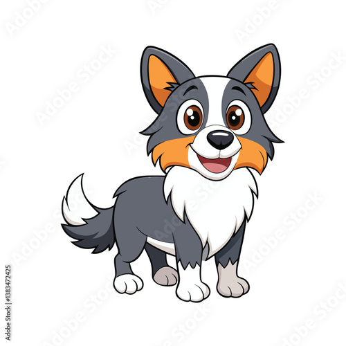 Cartoon Border Collie dog with fluffy fur and playful expression vector illustration isolated on white background