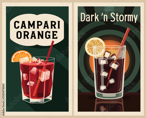 Cocktails retro poster set. Campari Orange, Dark and Stormy. Collection of popular alcohol drinks. Vintage style flat vector illustrations for bar, pub, restaurant decoration, kitchen wall art print.