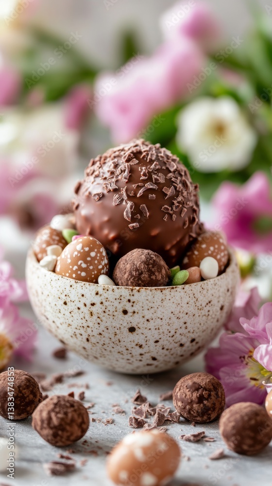 Delicious chocolate truffles and speckled eggs are arranged in a bowl against a blurred floral backdrop. Delicious chocolate truffles and speckled eggs are arranged in a bowl against a blurred floral backdrop.