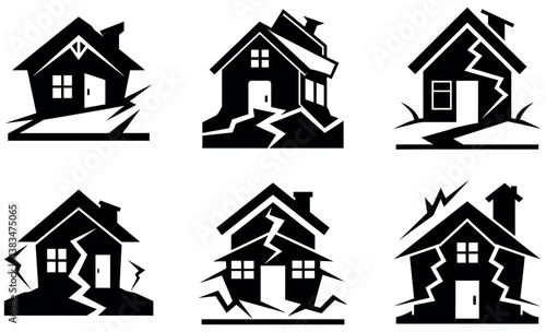 Six black and white illustrations of homes with earthquake damage.